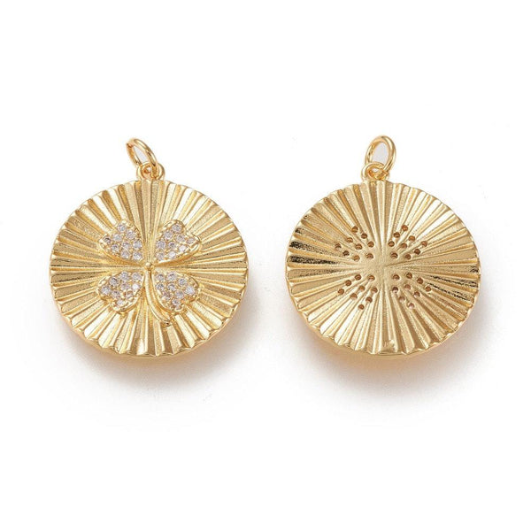 Pendentif médaille ronde trèfle quatre feuilles laiton doré 18K et zircons colorés,breloque laiton feuille, bijoux doré,21.5mm, x1