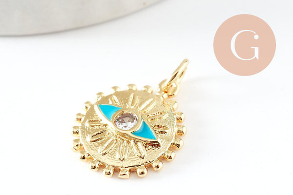 Pendentif médaille soleil oeil émail bleu laiton doré 18K et cristal zircon,pendentif laiton chance pour création bijoux,17mm, x1 (G5278)