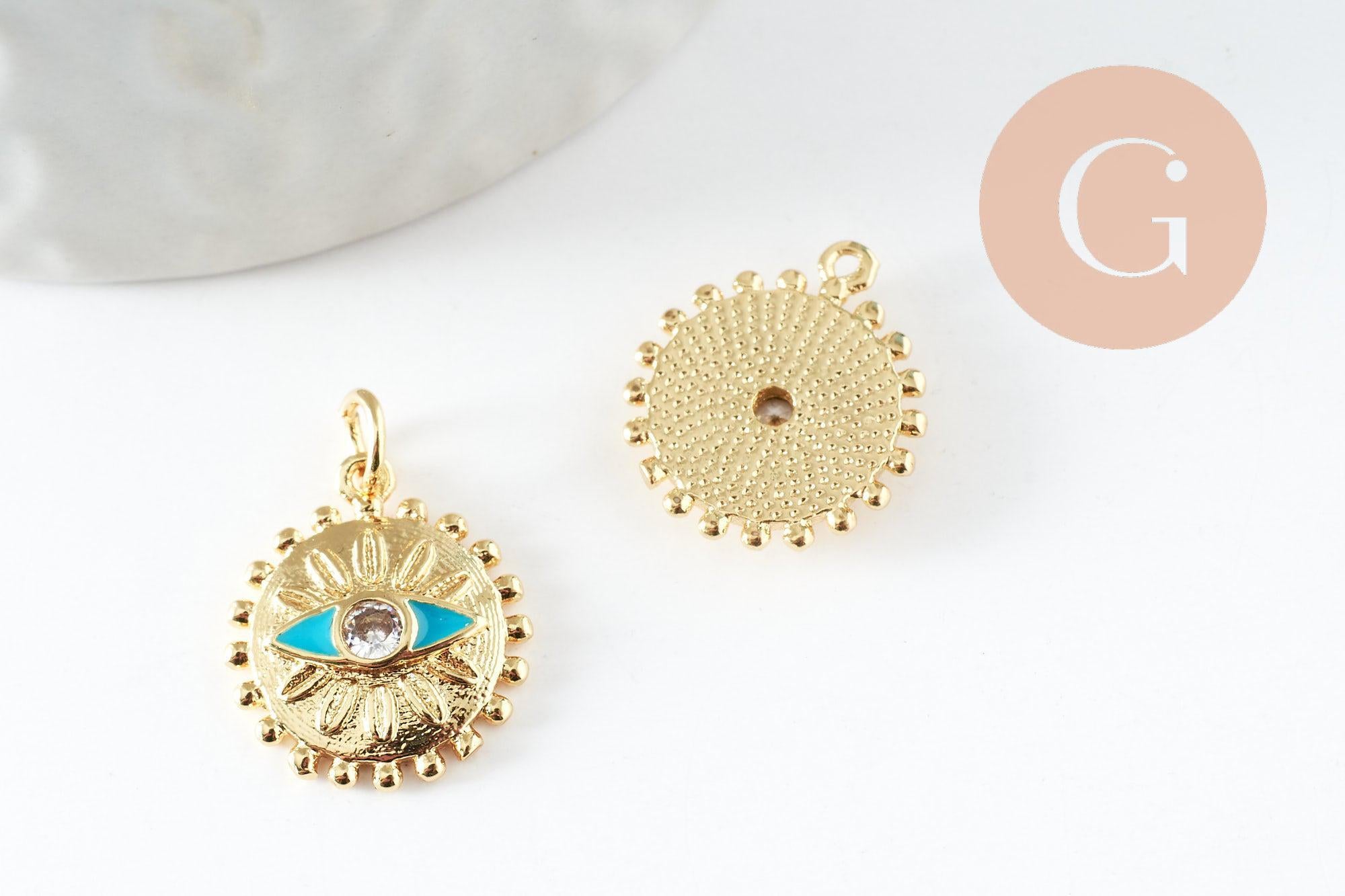 Pendentif médaille soleil oeil émail bleu laiton doré 18K et cristal zircon,pendentif laiton chance pour création bijoux,17mm, x1 (G5278)
