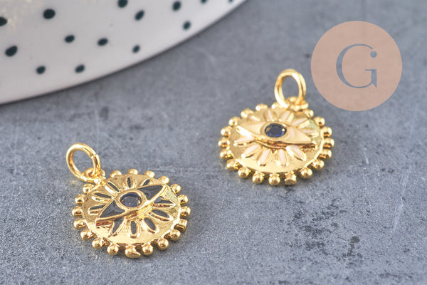 Pendentif médaille soleil oeil émail laiton doré 18K et cristal zircon,pendentif laiton chance pour création bijoux,17mm,x1 (G5287)