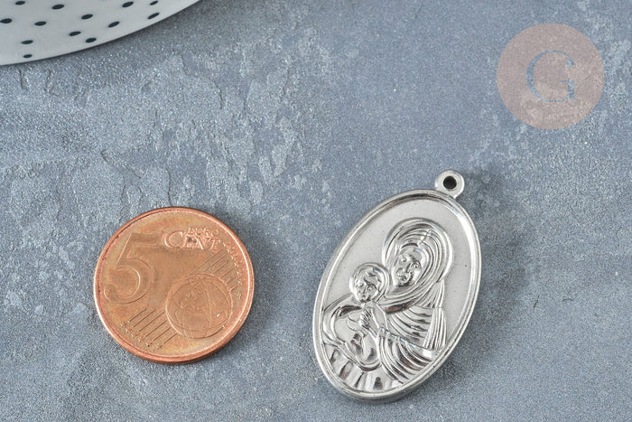 Pendentif médaille vierge ovale acier 304 inoxydable platine 34mm, x1 (G8321)