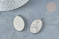 Pendentif médaille vierge ovale acier 304 inoxydable platine 34mm, x1 (G8321)