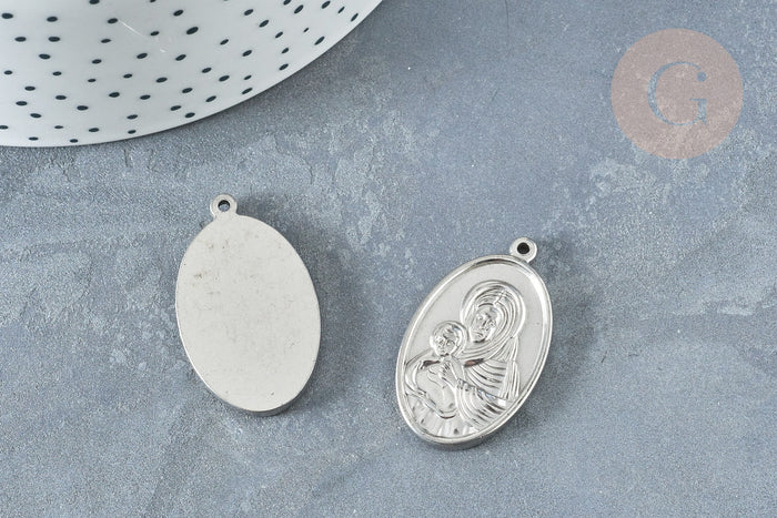 Pendentif médaille vierge ovale acier 304 inoxydable platine 34mm, x1 (G8321)
