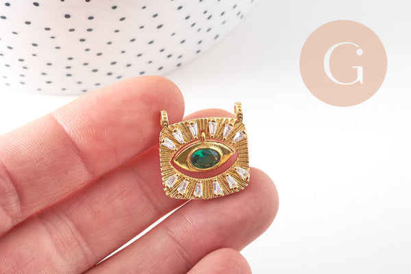 Pendentif mobile carré oeil protecteur laiton doré zircon 21mm,pendentif doré avec cristaux , x1 (G5855)