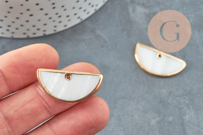 Pendentif nacre blanche naturelle doré demi-cercle,pendentif rond nacre,coquillage blanc, 30mm, x2 G2716