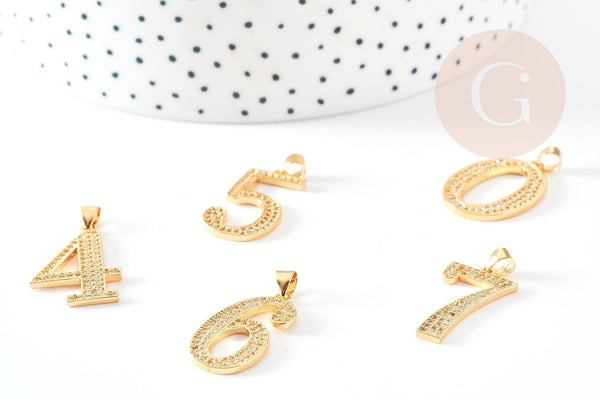 Pendentif numéro laiton doré 14K cristal blanc 23mm, x1 (G4803)