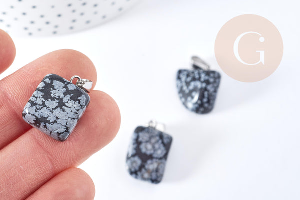 Pendentif obsidienne neige noire roulée acier inoxydable platine 15-35mm, x1 (G8634)