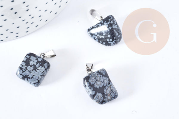 Pendentif obsidienne neige noire roulée acier inoxydable platine 15-35mm, x1 (G8634)