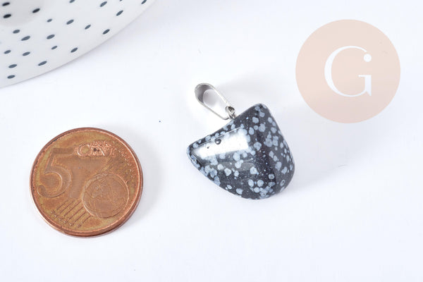Pendentif obsidienne neige noire roulée acier inoxydable platine 15-35mm, x1 (G8634)