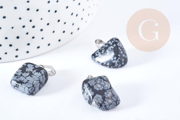 Pendentif obsidienne neige noire roulée acier inoxydable platine 15-35mm, x1 (G8634)