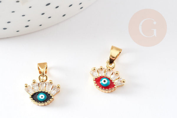 Pendentif oeil doré cristal zircon émaillé, pendentif doré, porte-bonheur,laiton doré,mauvais oeil,,12x13mm, x1 G3166
