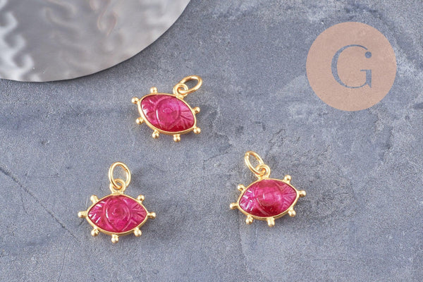 Pendentif oeil rubis naturel argent 925 doré 18K 15mm, x1 (G9869)