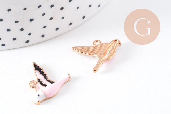 Pendentif oiseau rose laiton doré émail rose 17mm,pendentif animal coloré pour création bijoux DIY, x1 (G6989)