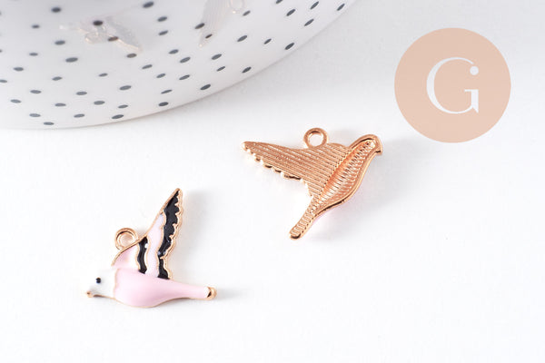 Pendentif oiseau rose laiton doré émail rose 17mm,pendentif animal coloré pour création bijoux DIY, x1 (G6989)