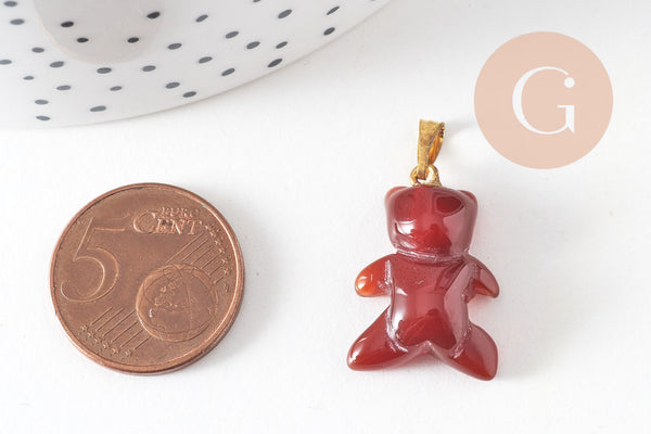 Pendentif ourson agate orange naturel support doré 24mm, création bijoux en pierre naturelle, x1 ( G5702)