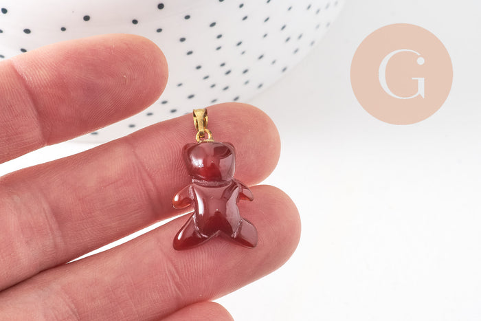 Pendentif ourson agate orange naturel support doré 24mm, création bijoux en pierre naturelle, x1 ( G5702)