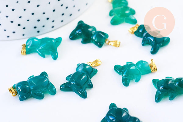 Pendentif ourson agate verte support doré 23mm, pendentif pierre agate naturelle verte,création bijoux en pierre naturelle, x1, G5703