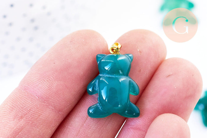 Pendentif ourson agate verte support doré 23mm, pendentif pierre agate naturelle verte,création bijoux en pierre naturelle, x1, G5703