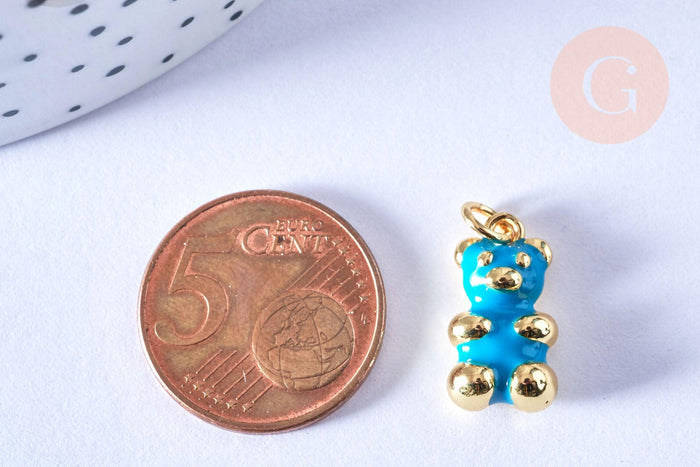 Pendentif ourson laiton doré 18K résine turquoise 17.5mm, pendentif laiton jouet ,x1 (G6642)