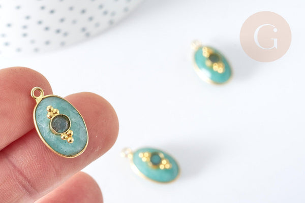 Pendentif ovale amulette amazonite naturelle argent 925 doré 18K 30mm, pendentif pierre naturelle, x1, G7717