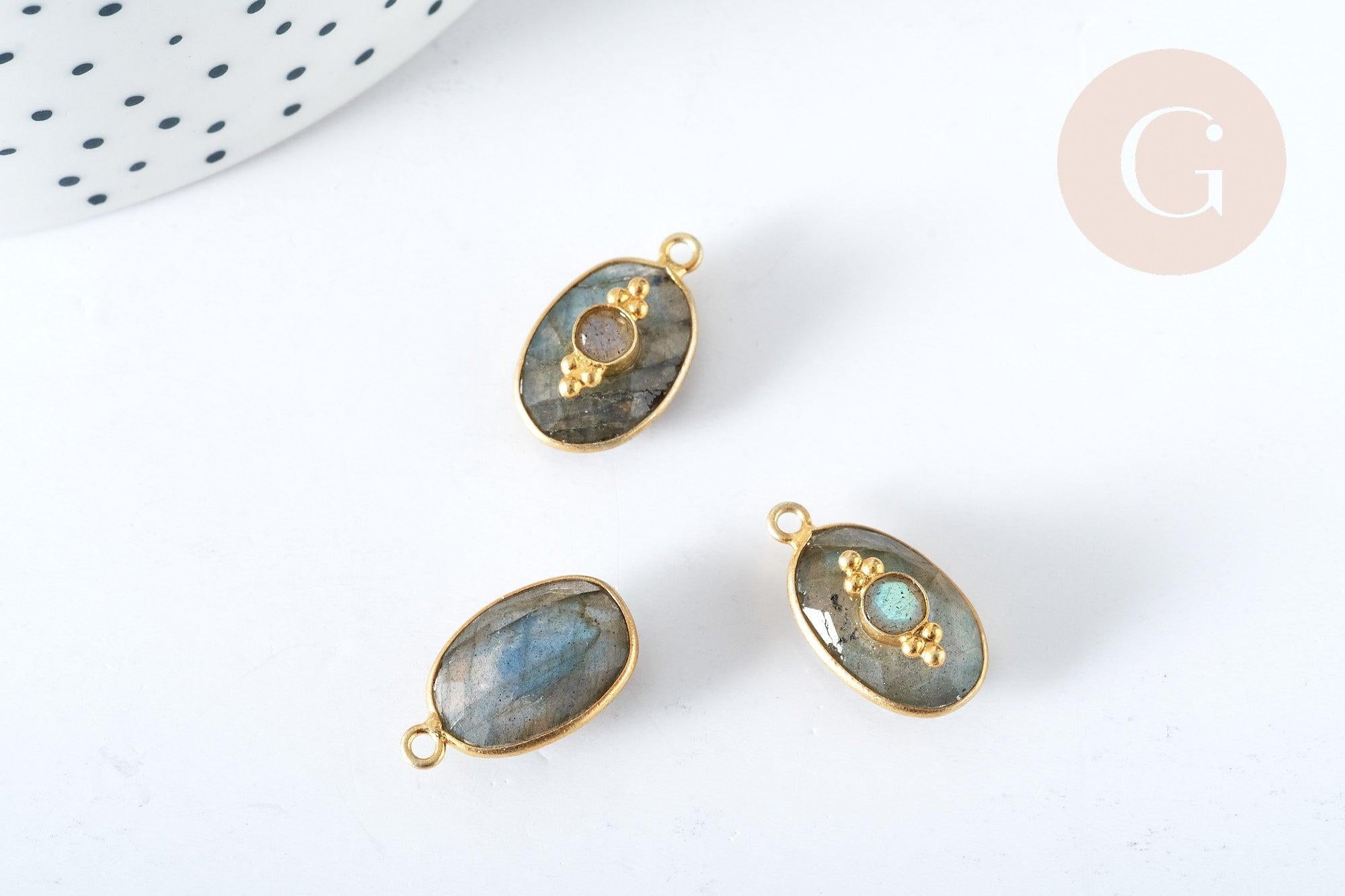 Pendentif ovale amulette labradorite argent 925 doré 18K 30mm, pendentif pierre naturelle, x1, G7714