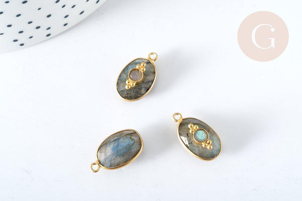 Pendentif ovale amulette labradorite argent 925 doré 18K 30mm, pendentif pierre naturelle, x1, G7714