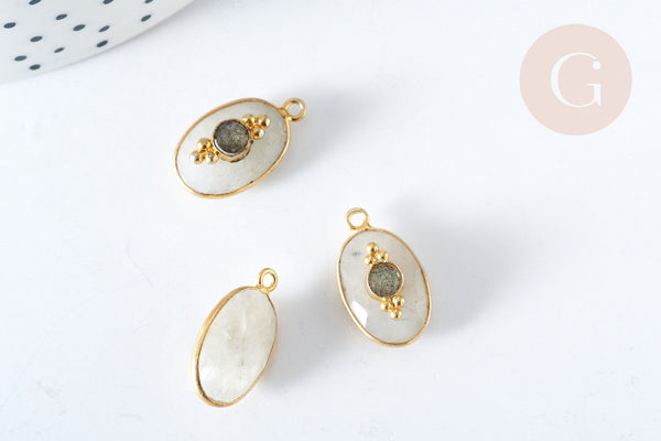 Pendentif ovale amulette pierre de lune naturelle argent 925 doré 18K 30mm, x1 (G7715)