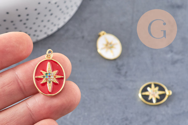 Pendentif ovale doré étoile émail résine 23mm,x1 (G5337)