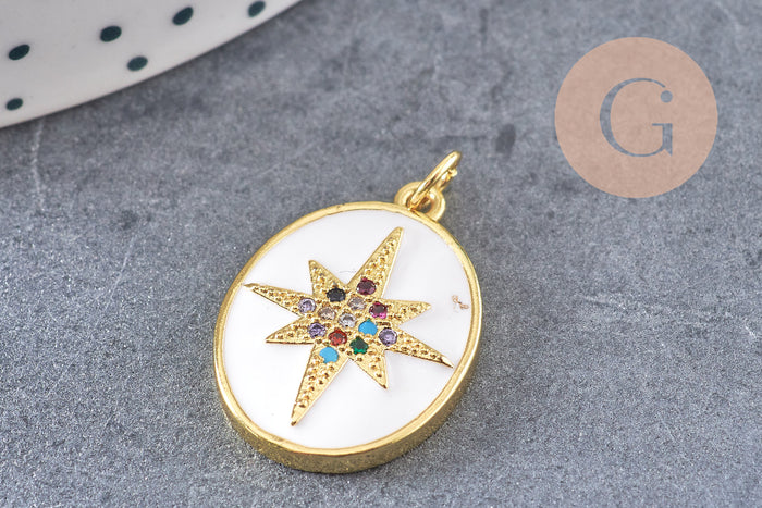 Pendentif ovale doré étoile émail résine 23mm,x1 (G5337)
