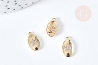 Pendentif ovale fleur laiton doré 14K cristal zircon blanc 14.5mm, pendentif doré création bijou, x1 (G8585)