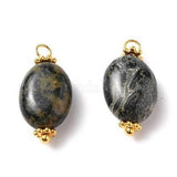 Pendentif ovale jaspe kambaba vert et laiton doré 19mm,pendentif création bijoux pierre naturelle, x1 G5756