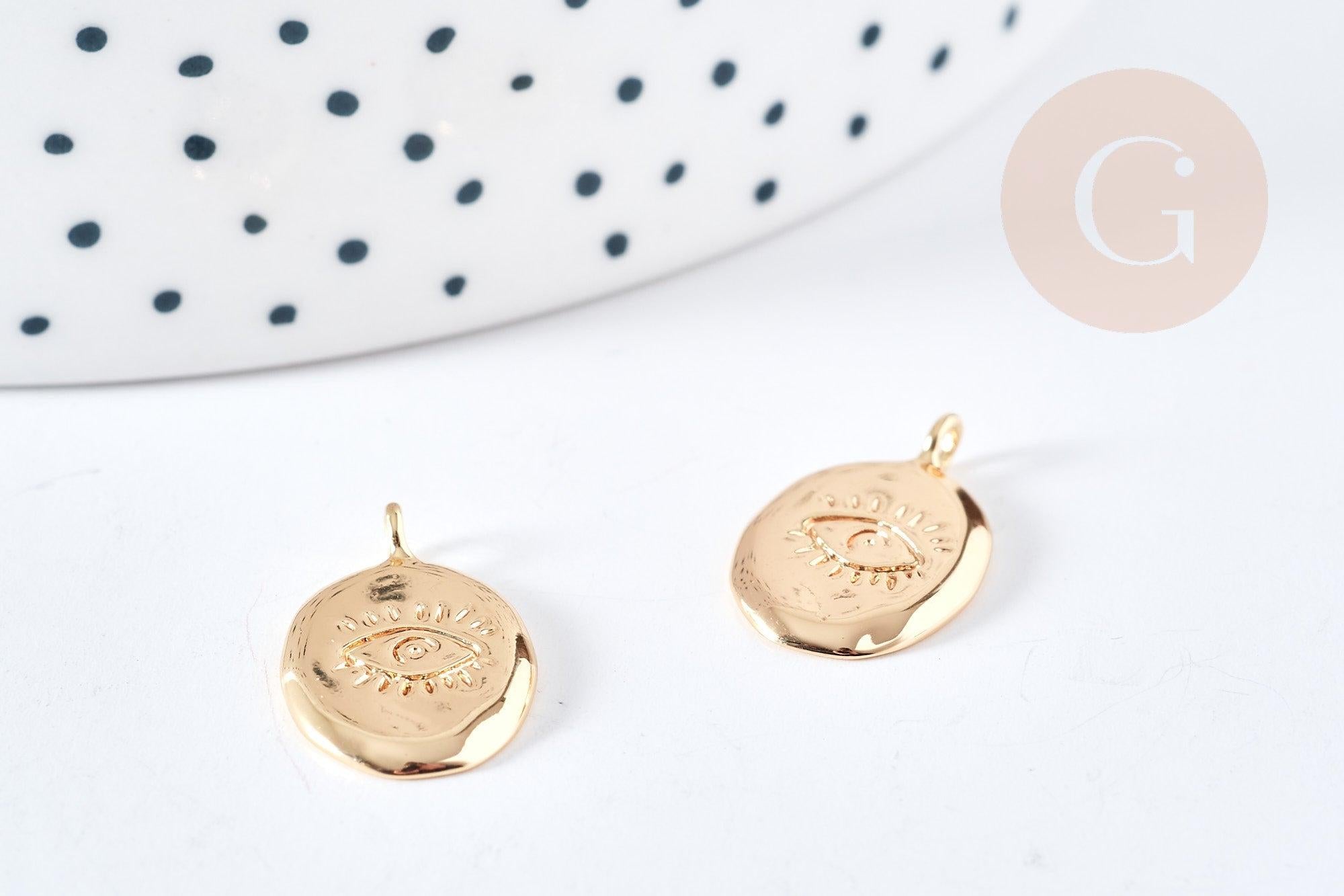 Pendentif ovale mauvais œil laiton doré 18K 17mm, pendentif laiton doré chance, x1 G8867