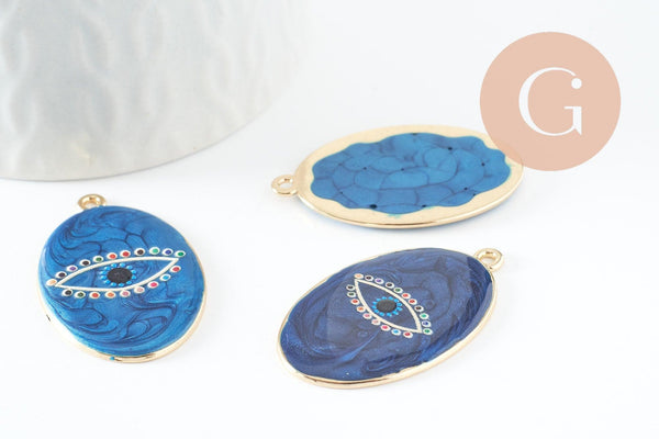 Pendentif ovale oeil protecteur émail bleu foncé zamac doré 39mm, x1 (G5930)