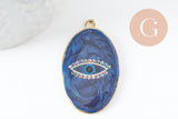Pendentif ovale oeil protecteur émail bleu foncé zamac doré 39mm, x1 (G5930)