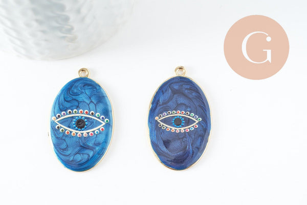 Pendentif ovale oeil protecteur émail bleu foncé zamac doré 39mm, x1 (G5930)