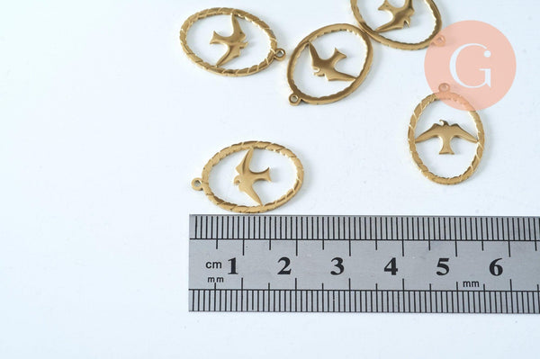 Pendentif ovale oiseau acier doré 21.5mm, breloque hirondelle acier inoxydable doré, pendentif sans nickel, création bijoux, x1 (G6019)