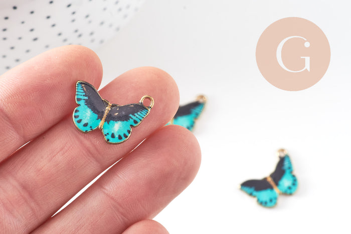 Pendentif papillon émail bleu zamac doré zamac doré 20mm, x5 (G4570)