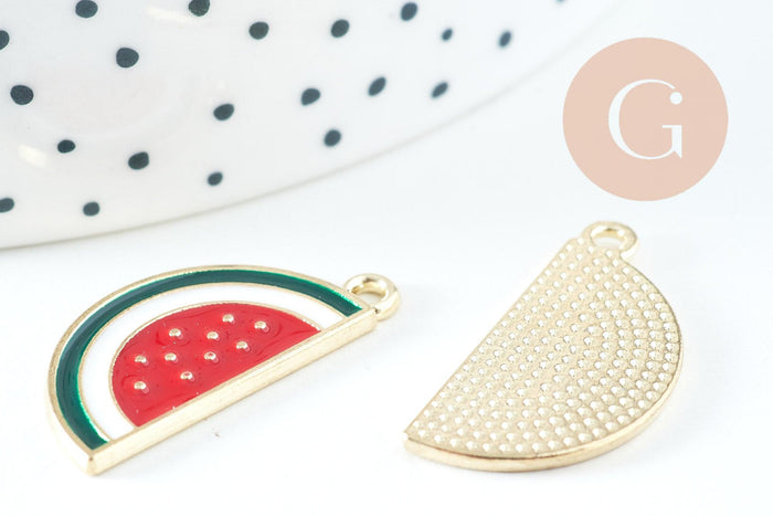 Pendentif pastèque zamac doré émaillé 26mm, x5 (G2467)