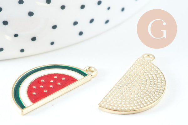 Pendentif pastèque zamac doré émaillé 26mm, x5 (G2467)