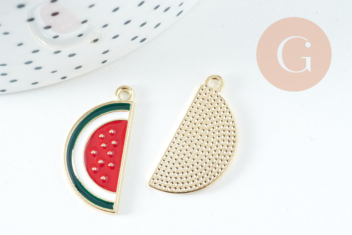 Pendentif pastèque zamac doré émaillé 26mm, x5 (G2467)