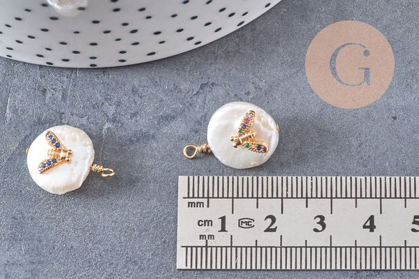 Pendentif perle naturelle Keshi abeille zircon ,porte bonheur,perle eau douce perle naturelle blanche,17-26mm, x1 (G4624)