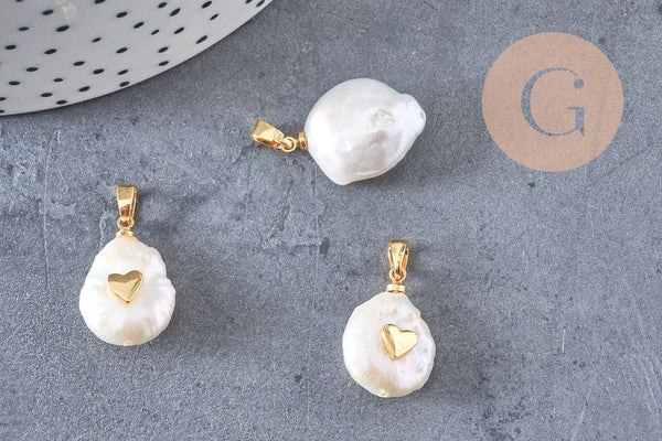 Pendentif perle naturelle Keshi coeur dorée,porte bonheur,perle eau douce,création bijou,perle naturelle blanche,17-27mm, x1 (G3091)