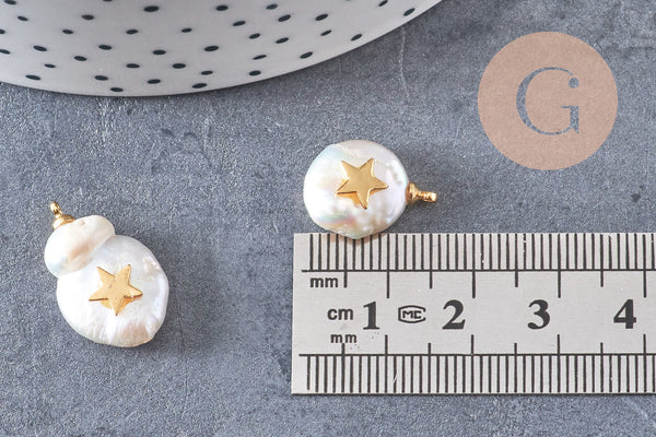 Pendentif perle naturelle Keshi étoile dorée,porte bonheur,perle eau douce,création bijou,perle naturelle blanche,17-27mm, x1 (G1954)