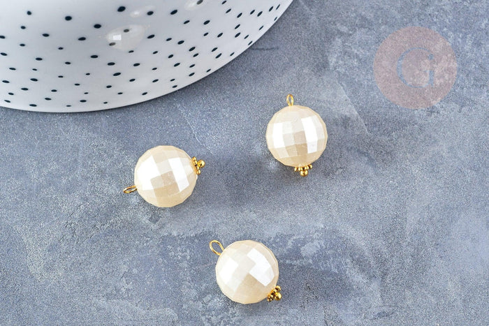 Pendentif perle ronde facettée plastique blanc nacré 20mm , perle plastique blanc nacré, x10 perles (G8542)