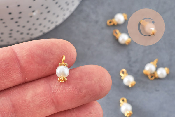 Pendentif perle ronde verre blanc nacré laiton doré 12,5mm, perle création bijoux imitation perle , x10 G7137