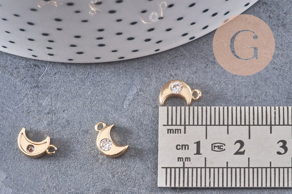 Pendentif petite lune laiton doré zircons, pendentif doré avec cristaux pour création bijoux, x1 (G7046)