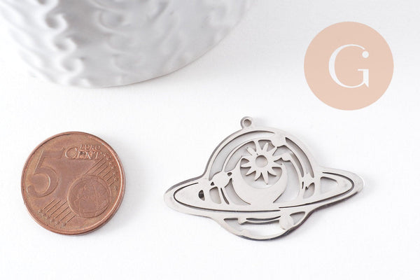 Pendentif planète mystique acier 201 inoxydable argenté 25.5mm,breloque platine acier inoxydable doré sans libréation de nickel, x1 (G6139)