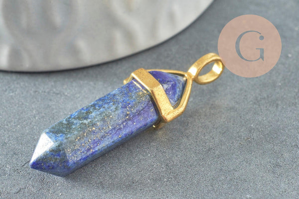 Pendentif pointe lapis lazulis naturel bleu laiton doré 37-41mm, x1 (G0904)