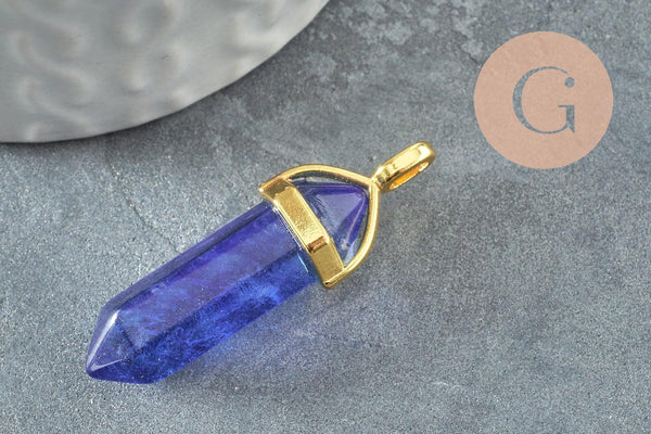 Pendentif pointe pierre watermelon bleue zamac doré 40mm, création bijoux pierre, x1 G5165