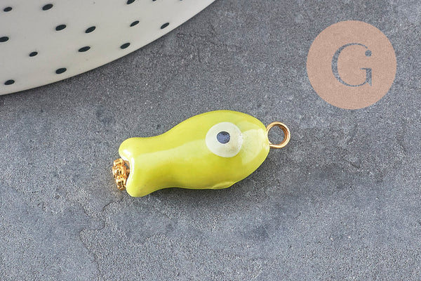 Pendentif poisson porcelaine multicolore Acier 304 inoxydable doré 25mm, x1 (G9816)
